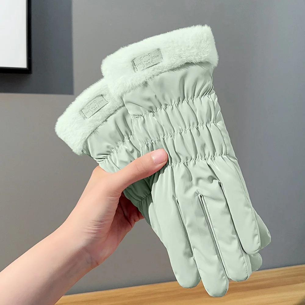 Ski Gloves Women Winter Fleece Thickened Warm Plush Cotton Waterproof Touch-Screen Gloves For Outdoor Riding Mountaineering