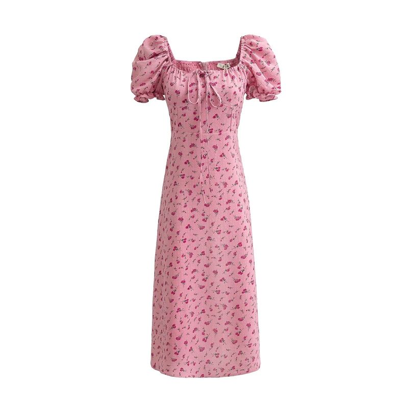 

Kaslead New Arrival Women s Clothing Fashion Style Silm Pink Roses Long Short Sleeve Dress Flower color L