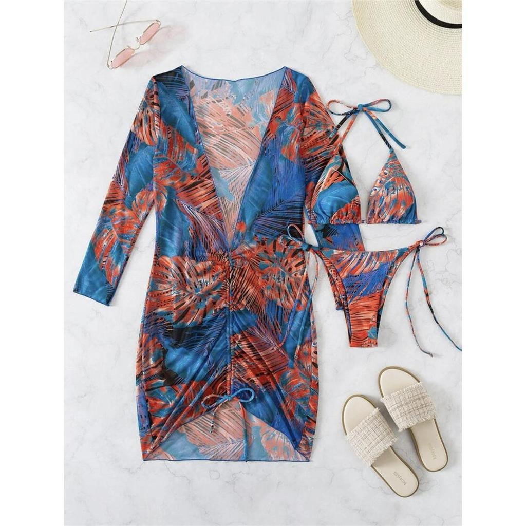 With Long Sleeve Dress Printed Halter Bikini Female Swimsuit Women Swimwear Three-pieces Bikini Set Bather Bathing Suit