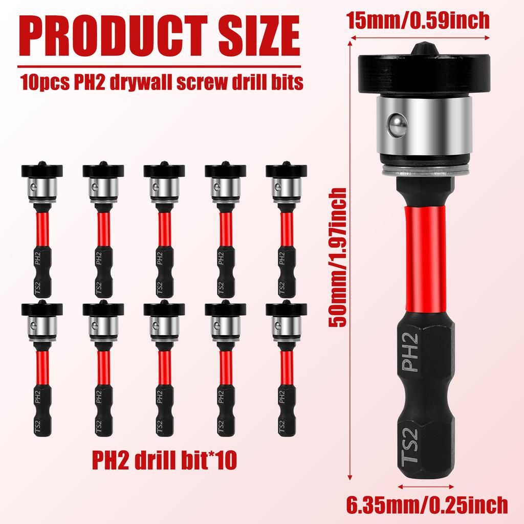 10pcs Magnetic Positioning Screwdriver Bits PH2 Bits Drywall Screw Setter 50mm PPlasterboard Screws Locating Batch Head Drilling