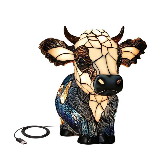 Highland Cow Table Lamp Bedside Table USB Powered Animal Night Light Resin Cow Desk Lamp for Bedroom Living Room Office