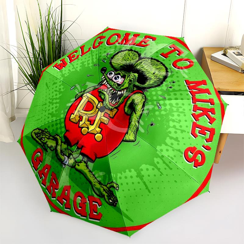 1pc Rat Fink pattern Umbrella Portable Folding Umbrella Iron Frame Hole Bone Structure Outdoor Home Umbrella