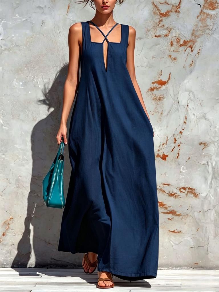 European and American cross-border Amazon Bohemian vacation style square collar cross neck long dress loose pendulum dress