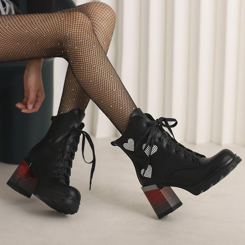 Korte damehøye hæler høst og vinter nye tykkhælede korte støvletter i britisk stil i stor størrelse