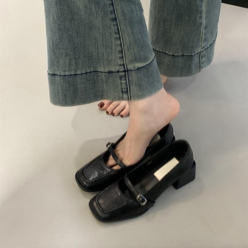 Retro Square Head High Heels, Shallow Mouth Single Shoes, Women's Spring and Autumn New French Temperament, Evening Breeze Thick Heel Leather Shoes