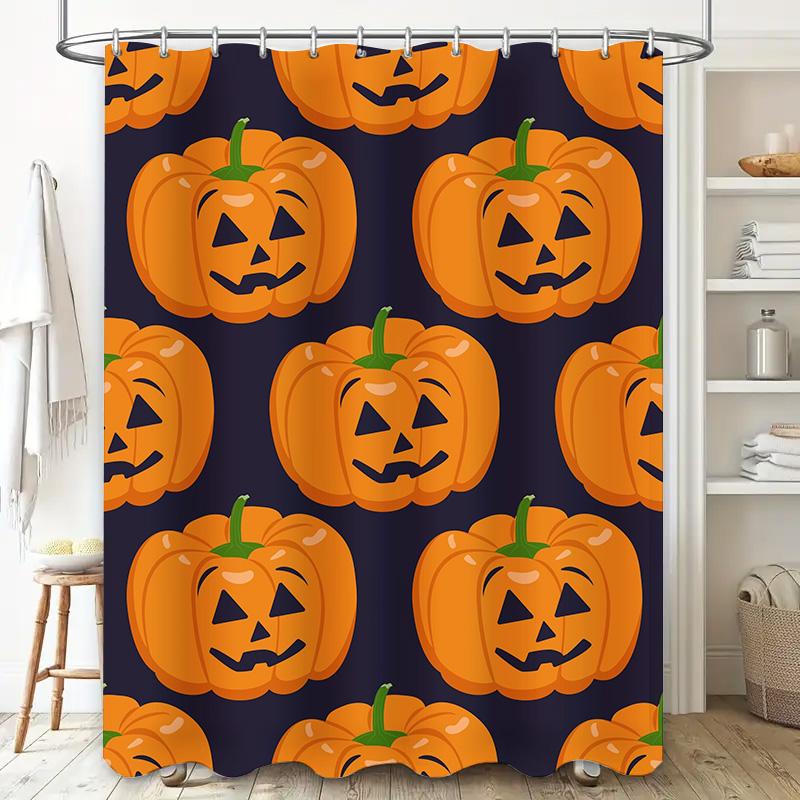 Halloweenpumpa Duschdraperi Set Vattentätt Tygtryck för Badrumsdekoration Orange Jack-o'-lanterns mot Mörkblå Bakgrund S