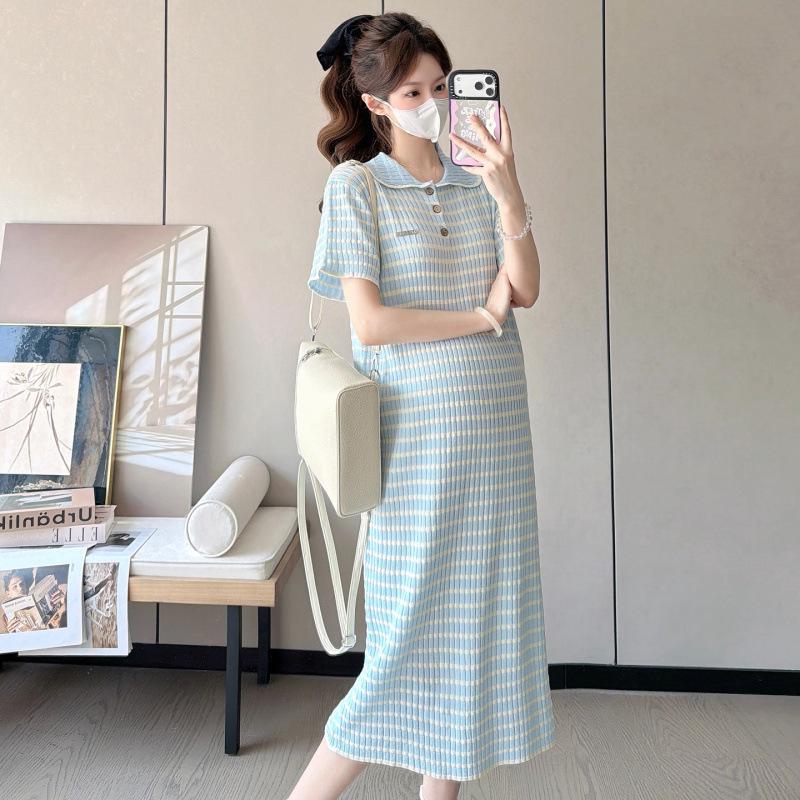 

2026 Summer Maternity Ice Silk Dress: Short Sleeve Polo Collar, Color Block Diamond Pattern, Slimming Fit 2XL синій