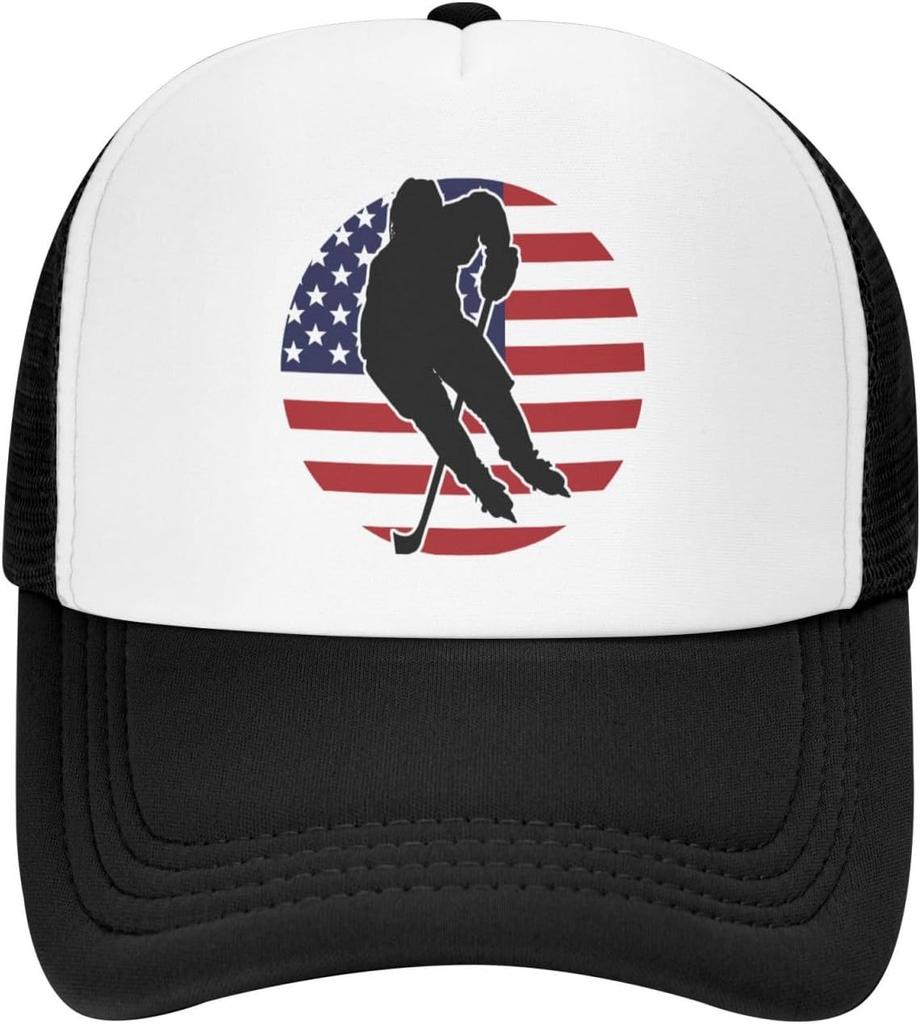 Hockey Player American Flag Graphic Trucker Hat Breathable Mesh Baseball Cap Adjustable Snapback for Adults