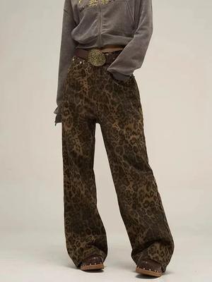 Tan Leopard Jeans Frauen Denim Hosen Weibliche Oversize Breite Bein Hosen Street Hip Hop Vintage Kleidung Lose Beiläufige