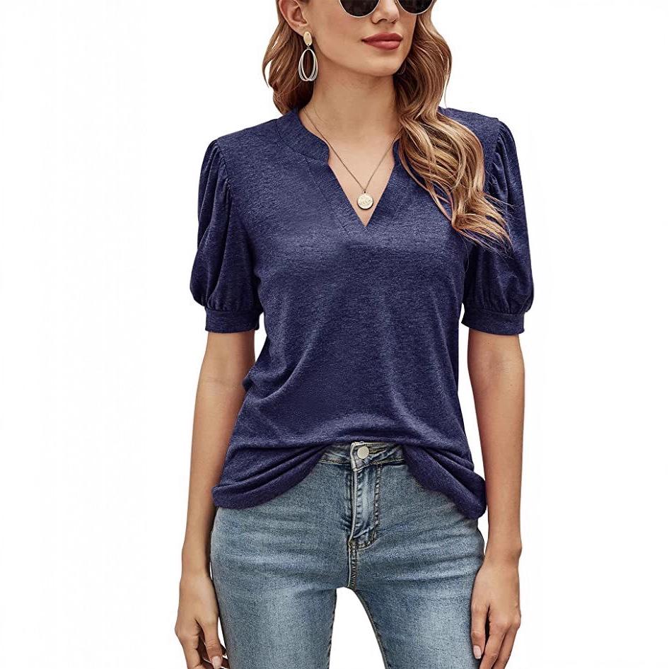 Women's Summer V-Neck Puff Sleeve Loose T-Shirt - Solid Color, Casual Style