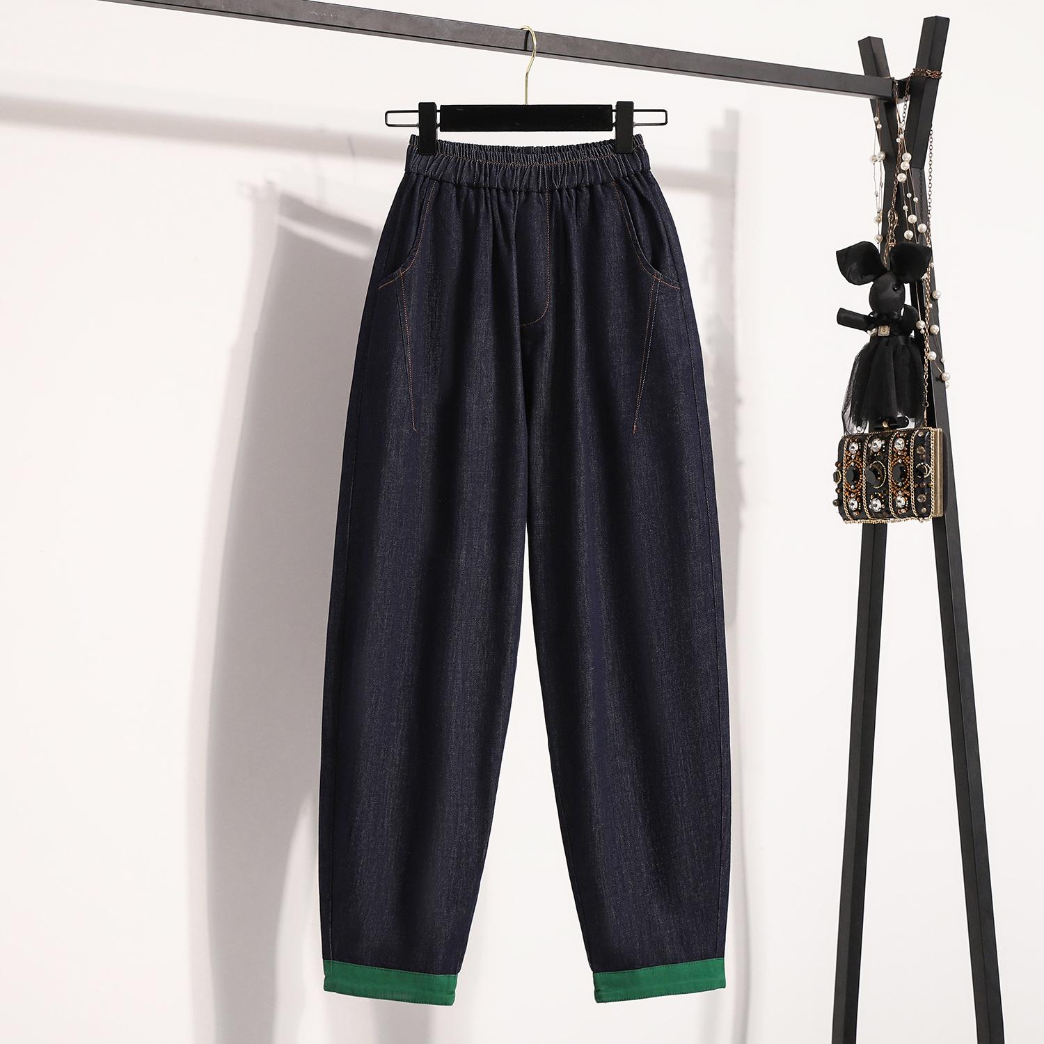 

DIMANAF 2025 Весенние джинсы большого размера, длинные шаровары, женские повседневные базовые брюки 5XL с высокой талией, эластичные 5XL темно-синий