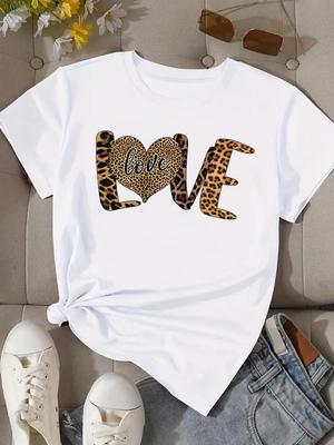 (Asiatische Größe) T-Shirt Oberteil Kleidung T-Shirt Damen Leopard Buchstabenstil Mode Frau Druck Weiblich Kurzarm Grafik-T-Shirts