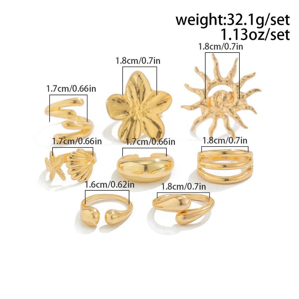 Ingemark 8Pcs/Set Creative Sunflower Scallop Open Rings for Women New Trend Vintage Irregular Water Drop Ring Couple Jewelry Men
