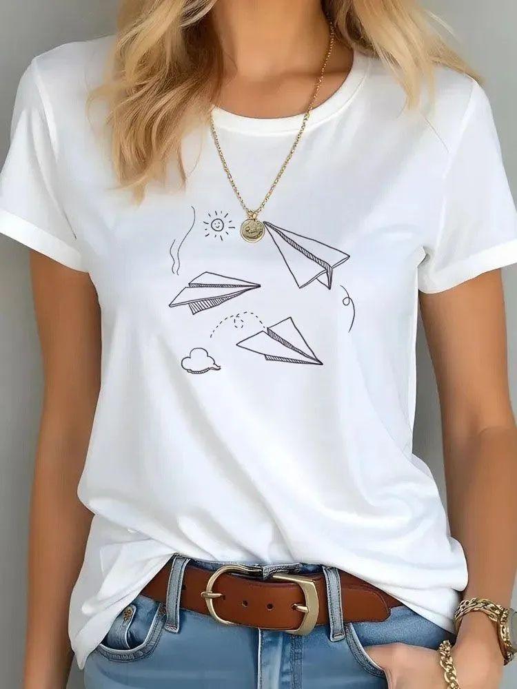 Fashion T-shirt Cute Flowers Graphic Printed Female T Shirt Casual Harajuku Crew Neck Ladies Tops