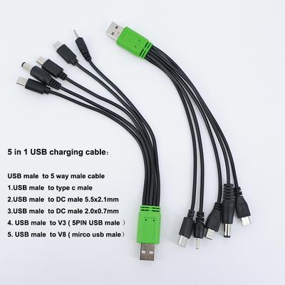 20cm 5 In 1 USB Male To 5 Way Type C DC 5.5x2.1mm 2.0x0.7mm Male Mini 5P V3 V8 Mirco Usb Male Power Charging Cable