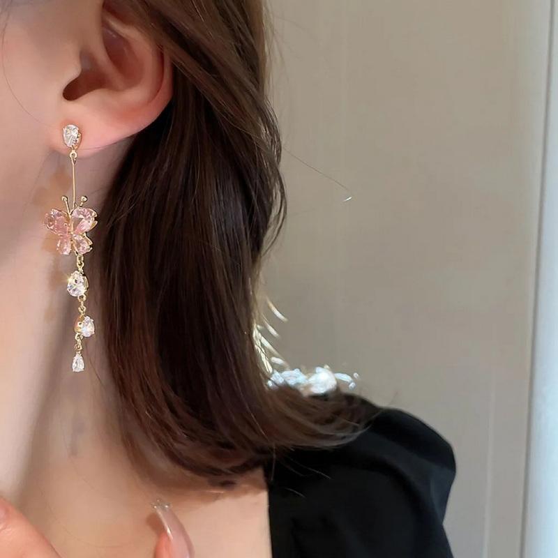 Korean Elegant Crystal Butterfly Drop Earrings for Women Long Tassel Dangle Earrings Wedding Party Jewelry Gift