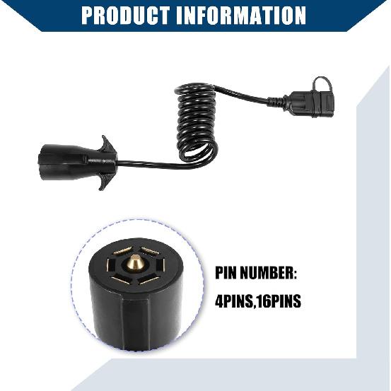 4.5ft 7 Way Round to 4 Way Pin Flat Trailer Coiled Wiring Harness Connector Adapter Plug/Rear for Car/Durable / 1 Pcs