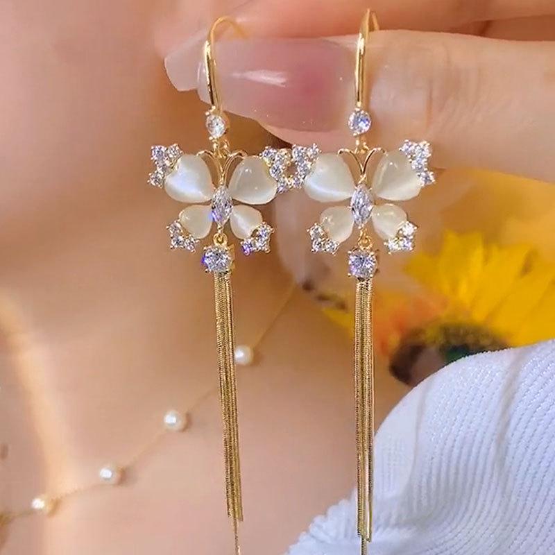 Elegant Butterfly Rhinestone Tassel Earrings - High-End, Trendy, and Flattering.