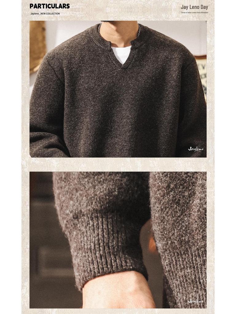 Men's Retro V-neck Wool Sweater: Winter Warmth and Plush Feel