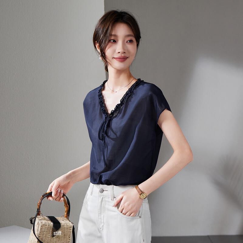 SOFSIL 2026 Summer V-Neck Ruffle Short Sleeve Shirt L вино красного