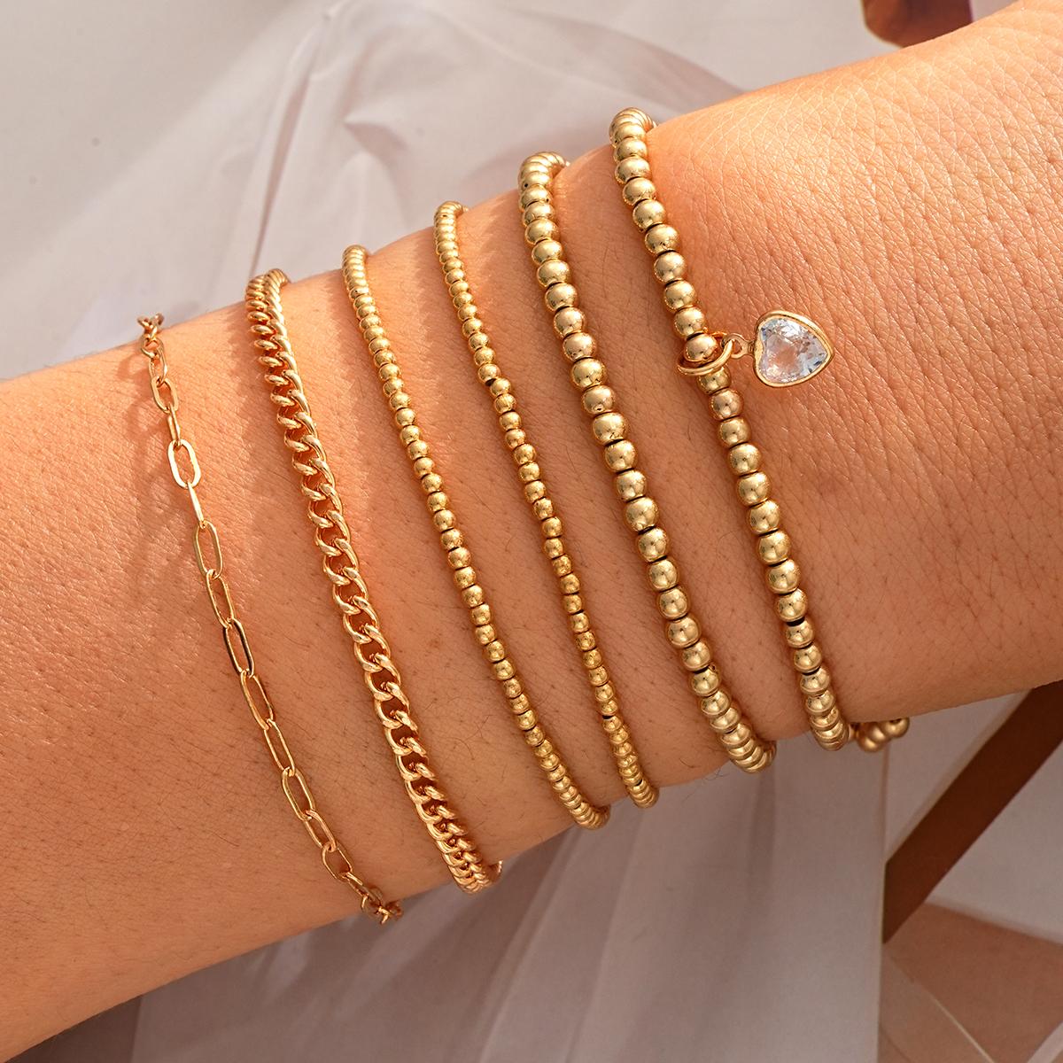 

6Pcs/Set Gold Color Heart Crystal Beaded Bracelets for Women Vintage Punk CCB Stretch Pendant Bracelets Set Simple Jewelry Gifts