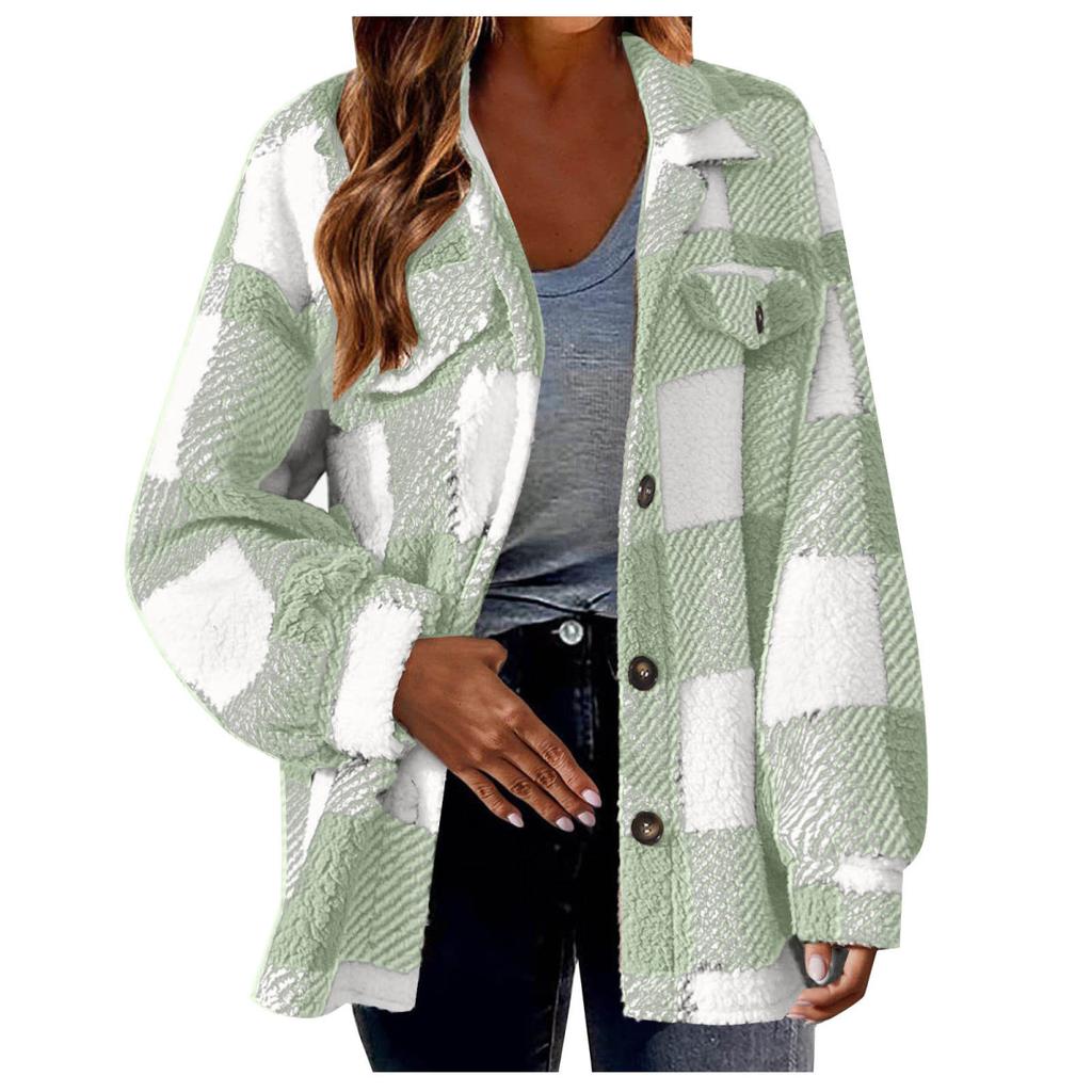 Plaid Pattern Button Front Teddy Coat, Peplum Long Sleeve Winter Warm Coat, Women's