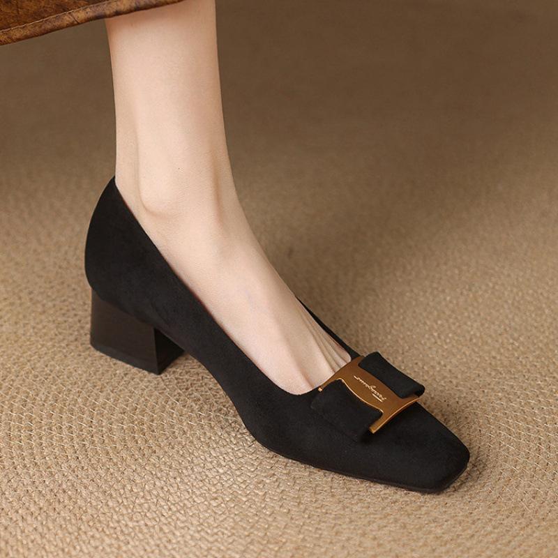 

New comfortable suede single shoes women s foot cover one pedal casual solid color square head medium heel large size shoes square heel single shoes 34