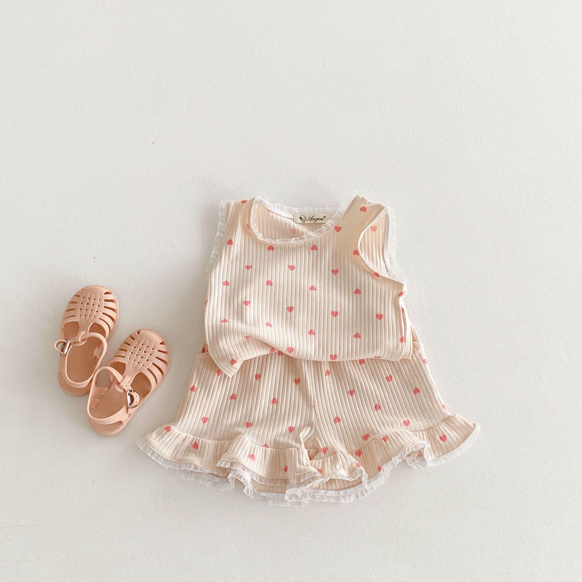 Princess-style Lace-trimmed Heart-patterned Thin Cotton Ribbed Girls Set for Toddlers and Preschoolers 80cm