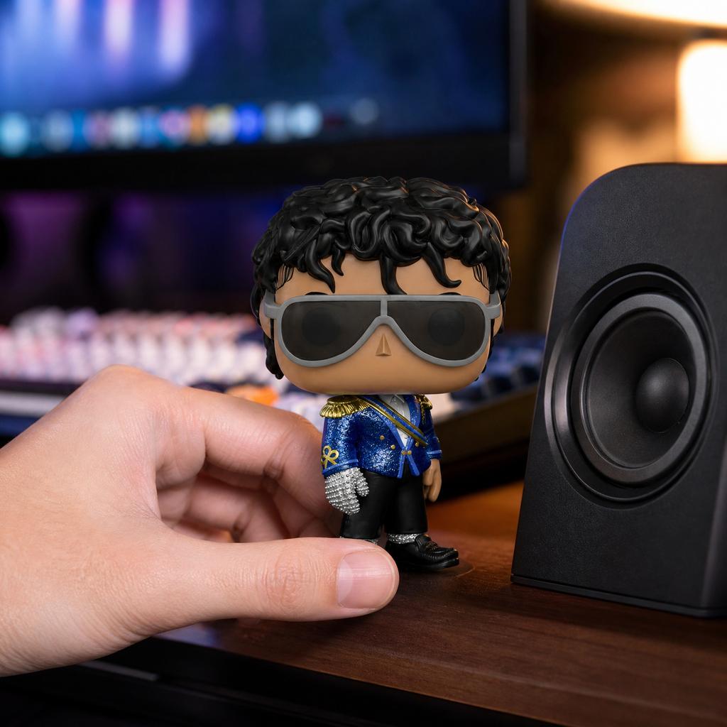 Collectible Pop Vinyl Figure Wearing Detailed Jacket and Sunglasses with Curly Hair and Gloved Hand for Display and Collection
