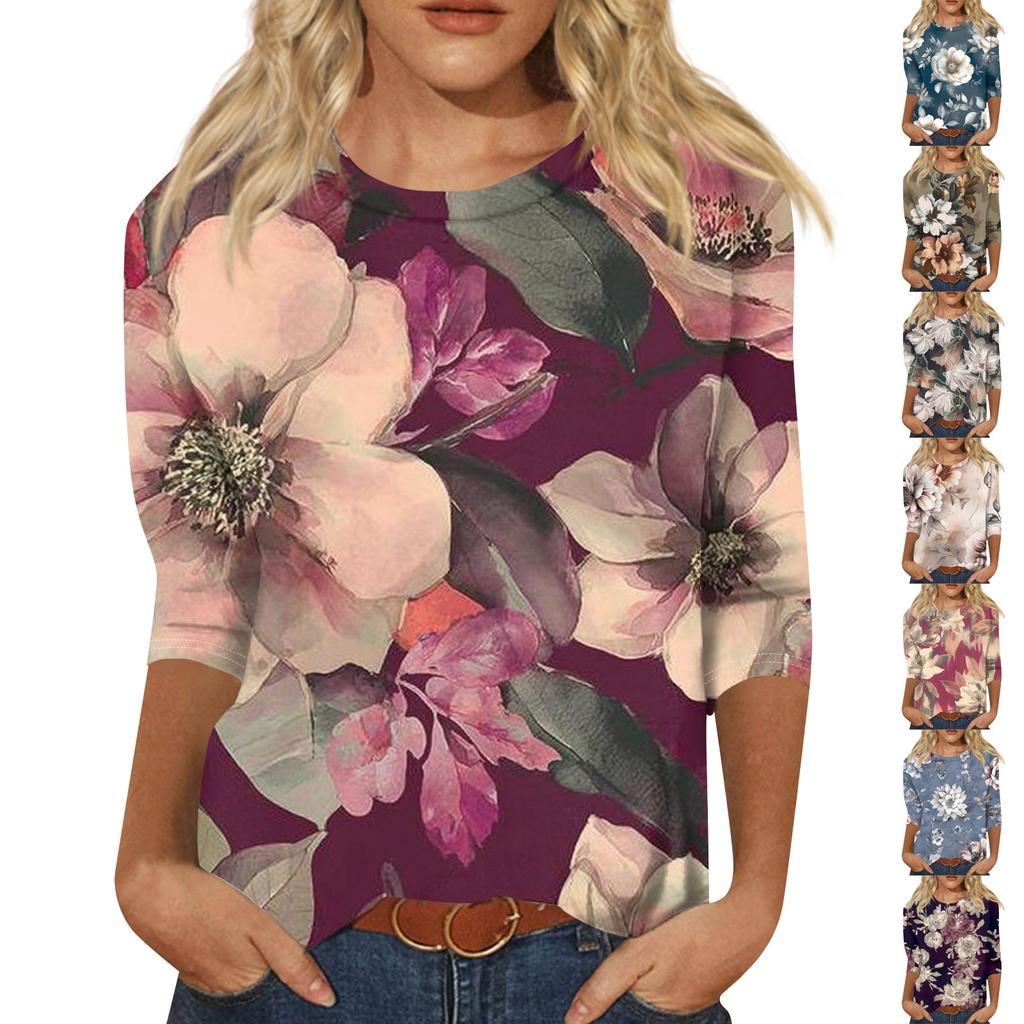 Women's Fashion Casual Round Neck Three Quarter Sleeve Printed T-Shirt Top