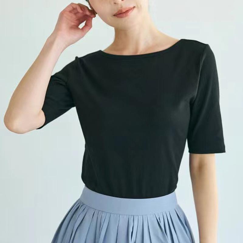 Spring and Summer Simple Women's T-shirt Casual Literary and Retro Niche Design Sense Solid Color Striped Short Sleeves
