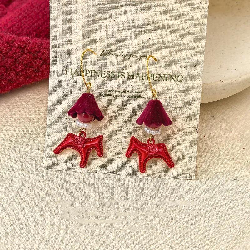 Simple Elegant Red Horse Earrings Korean Cute Sweet New Year's Red Earrings Ear Studs Jewelry Accessories New Year Gifts