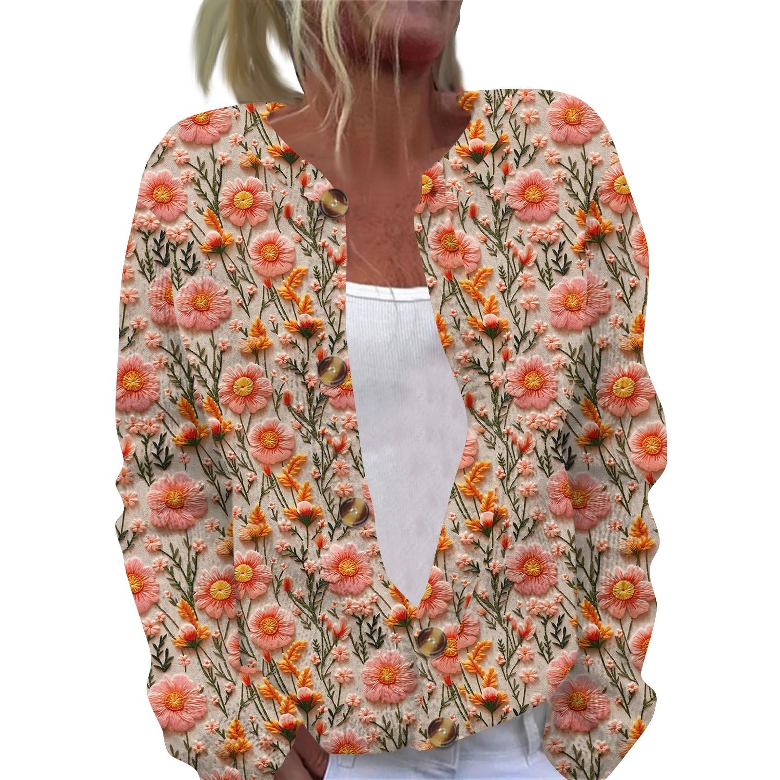 

Жіночий повсякденний модний ретро-квітковий принт з довгим рукавом і кардиганом піджак на ґудзиках S помаранчевий