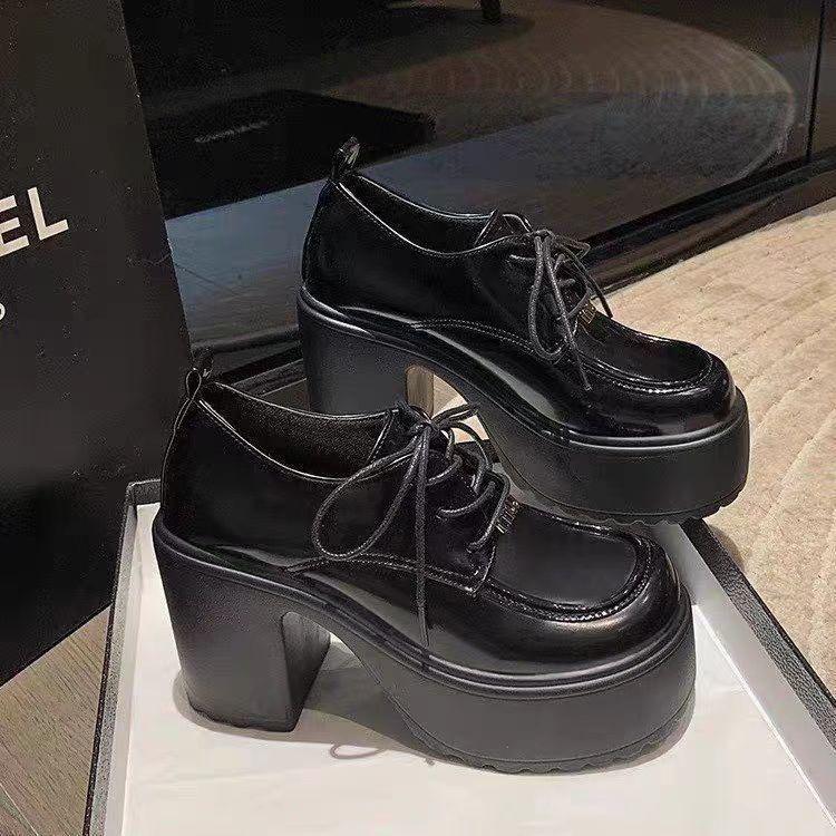 2025 Spring Women's Mary Jane High Heels: New Fashion Platform Chunky Lace-Up Leather Dress Shoes