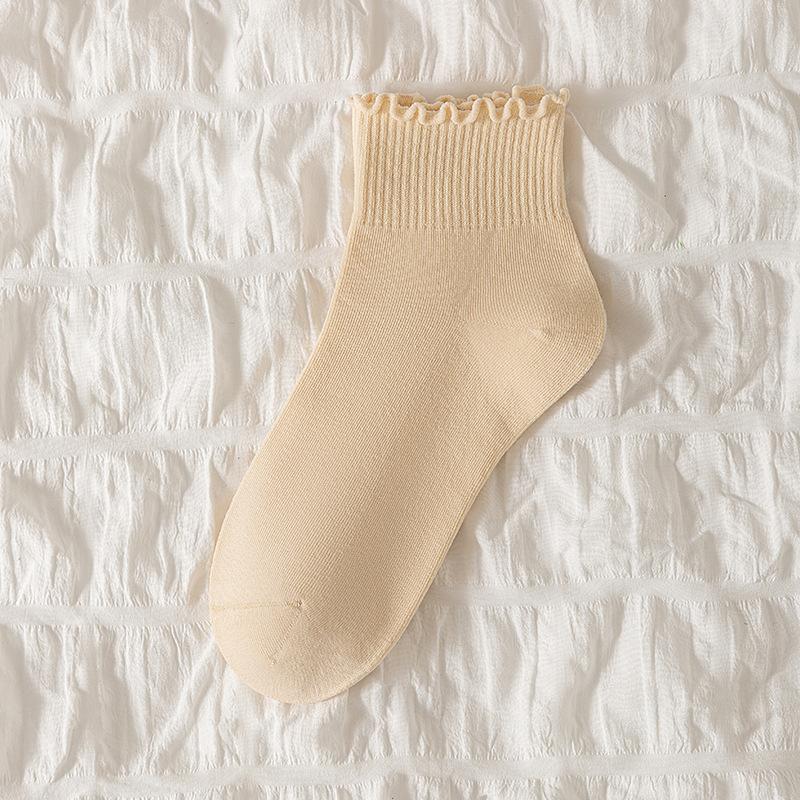 Female Spring and Autumn Sweet Solid Color Wood Ear Lace Medium Tube Cotton Socks
