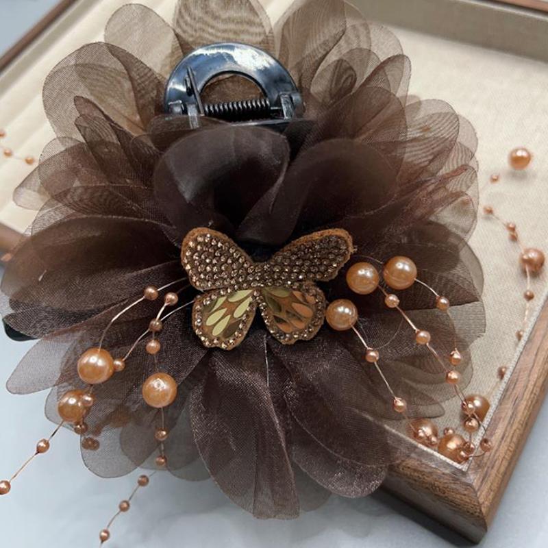 Fashion Elegant Mesh Butterfly Beaded Tassel Hair Claws Women Ponytail Hairpins Headdress Accessories