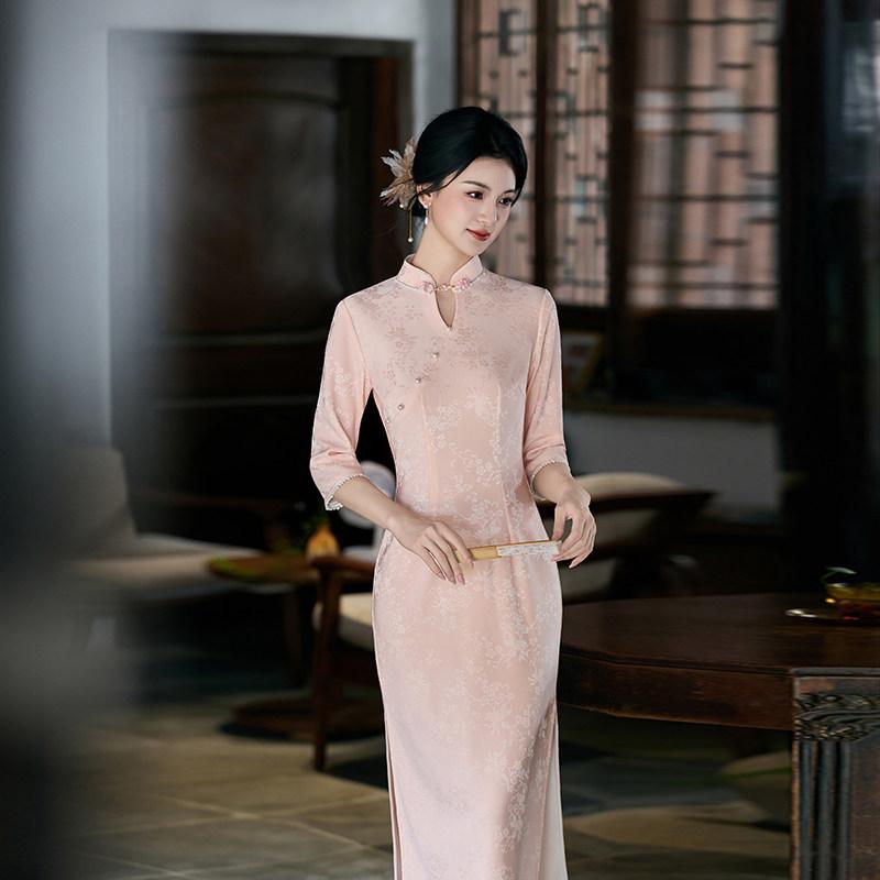Pink National Style New Chinese Style Suzhou Improved Long-sleeved Autumn Cheongsam Seven-quarter Sleeve 1011 New Young Women's Spring and Autumn