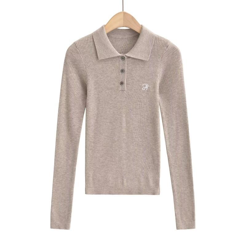Womens Retro Knit Sweater With Embroidered Letters Slim Fit POLO Collar Long Sleeve Top Winter