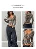 European Fashion 2025 Women's Retro Camouflage Tree Branch Pattern U-Neck Slim Fit Cropped T-Shirt