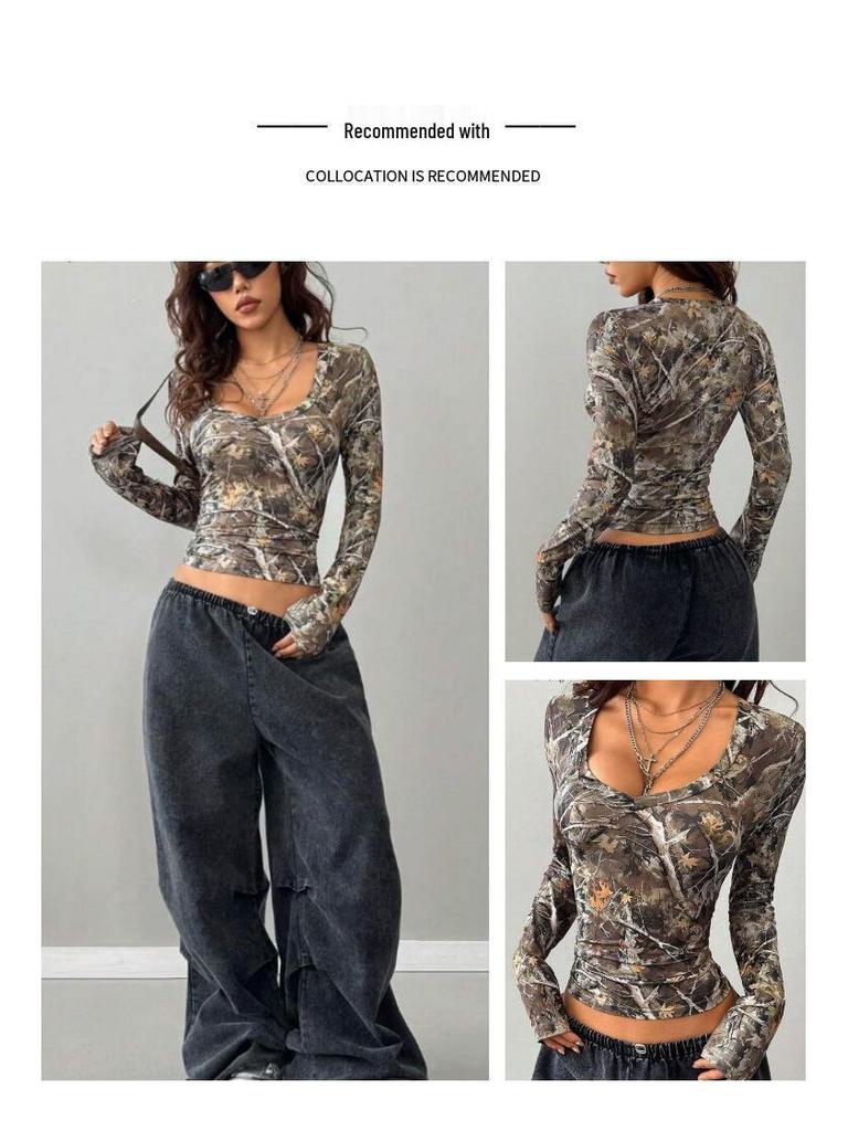 European Fashion 2025 Women's Retro Camouflage Tree Branch Pattern U-Neck Slim Fit Cropped T-Shirt