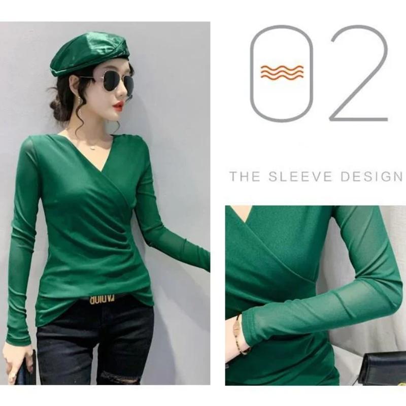 Women's New Fashion V-Neck Cross T-shirt Solid Color Long Sleeves Top Spring Autumn Mesh Bottoming Shirt S-4XL