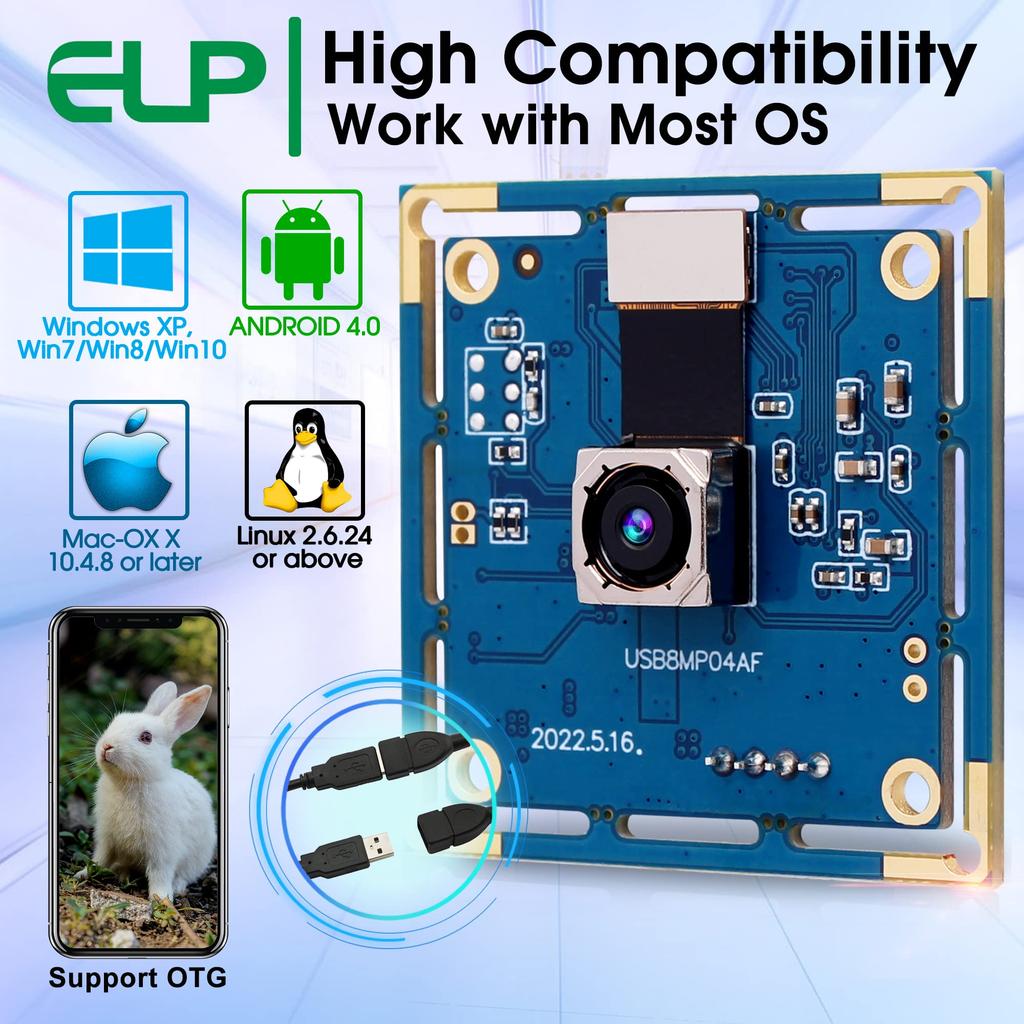 ELP 4K USB Wide 8MP Webcam IMX179 Webcam Video for Industrial Embedded Laptop USB Surveillance PC Camera Camera, Autofocus, Angle, Compact, Module,