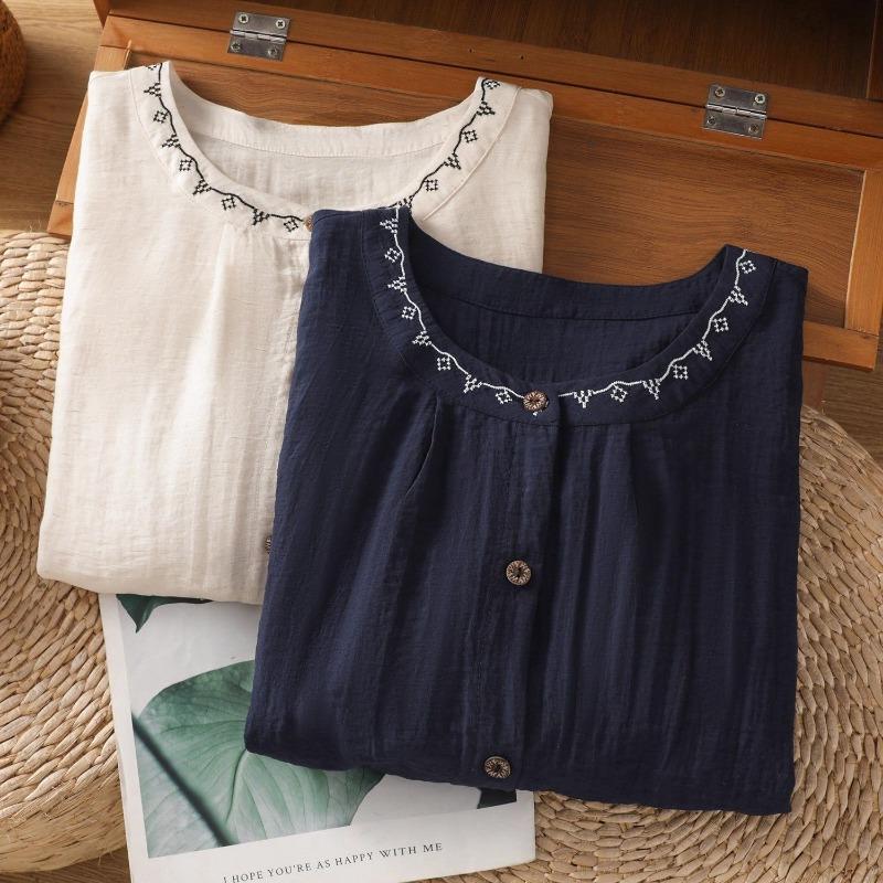 Women Loose Fit Short Sleeve Embroidered Cotton Linen Summer Shirt