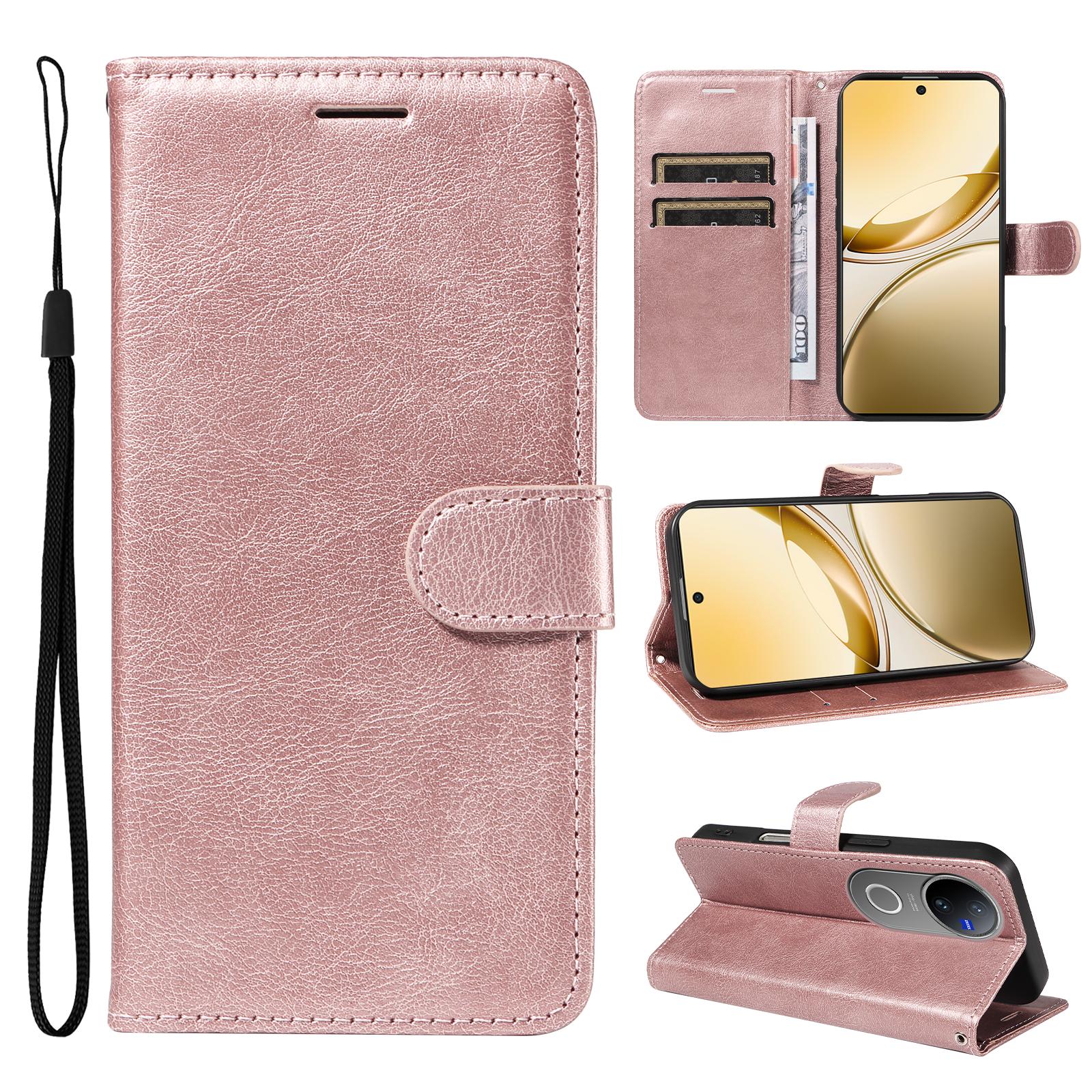 

For vivo V50 5G Leather Wallet Case with Strap Solid Color Phone Stand Cover Rose Gold