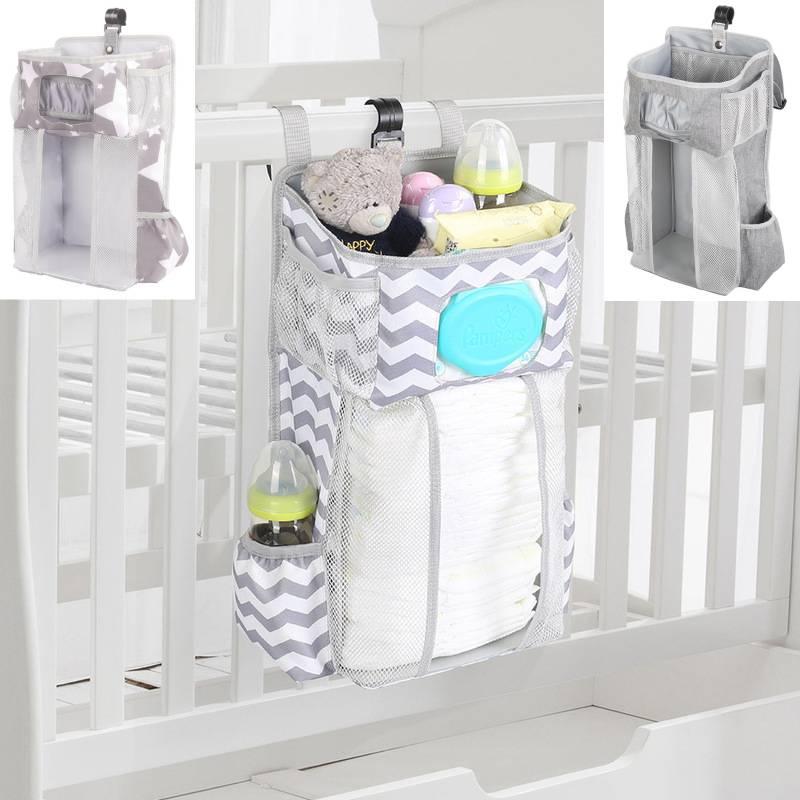 Gray Striped Baby Bedside Hanging Bag Ideal Storage Solution For Nursery