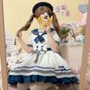 Japanese Style Sweet Cute Sailor Collar Bubble Short Sleeve High Waist Bow A-line Striped Kawaii Lolita Mini Dress Women Summer