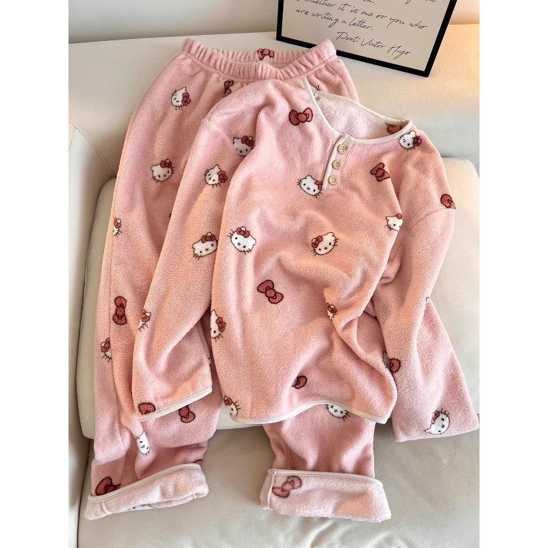 Hello Kitty Girls Pajama Sets Kawaii Cartoon Characters Cute Prints Sweet Fashion Versatile Going Out Warm Home Clothes