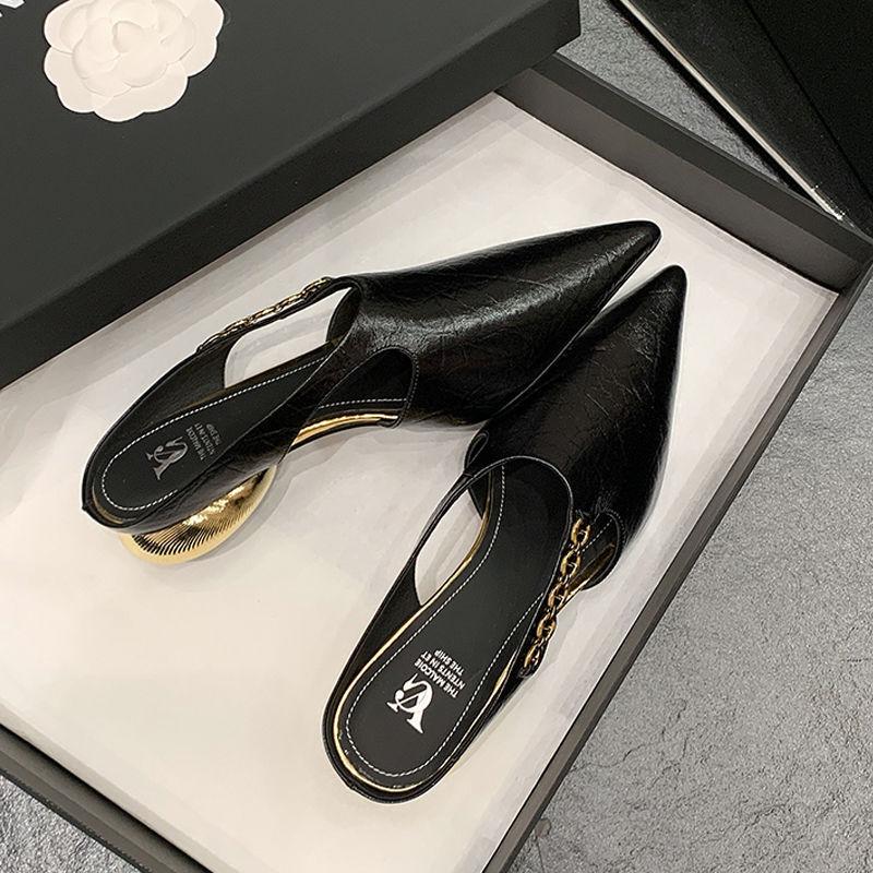 2025 summer new elegant temperament pointed side air breathable slippers women's shoes semi-drag cool slippers women's single shoes