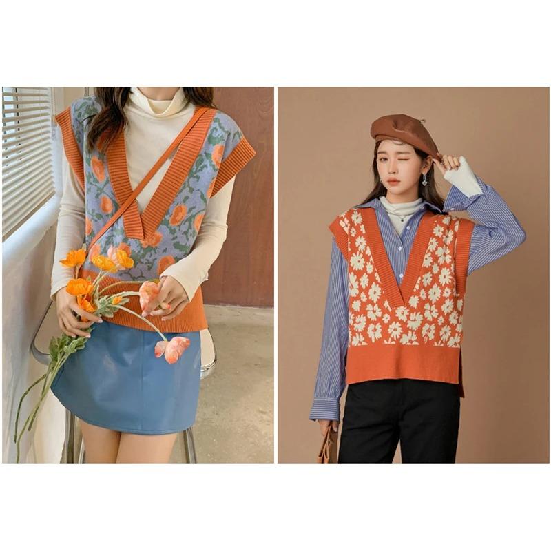 Embroidery Floral Knit Vest Women Short Sweet Sweater V-Neck Pullover Pull Jumper New Fashion Autumn Winter