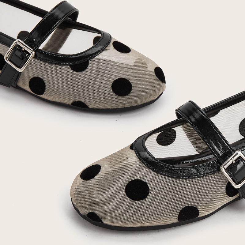 Fashion Fashion Shallow Flat Sandals Women Breathable Mesh Black Polka Dot Ballet Flats Comfortable Round Toe Plus Size Mary Jane Shoes
